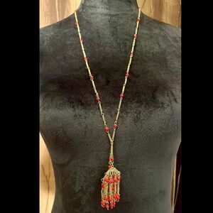 Vintage golden and red beaded fringe necklace